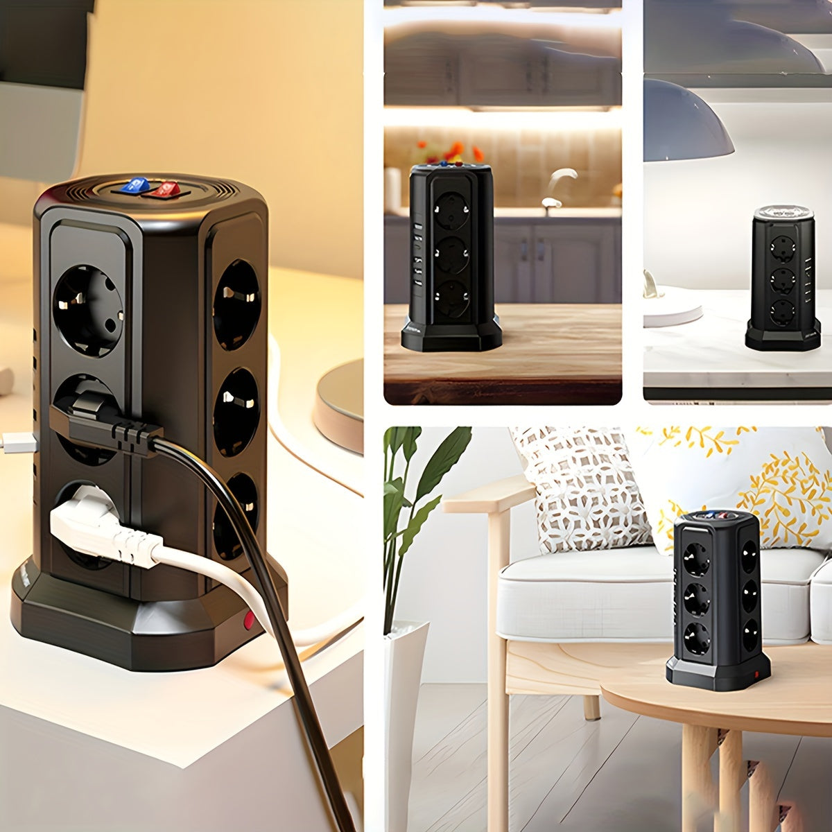 Tower Multi Power Strip Vertical EU Plug 12 Way Outlets Sockets With 5 USB Switch Multiple Vertical Power Strip 2 Switches Multi Socket Power Strip, Surge Protection And Short Circuit Protection