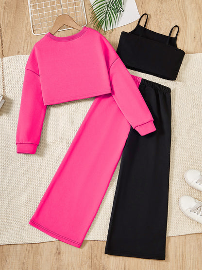 Conjunto para niña: camisola con estampado de corazones, top de manga larga y pantalón de exterior con bloques de color. Conjunto informal de 3 piezas para primavera y otoño. Regalo.