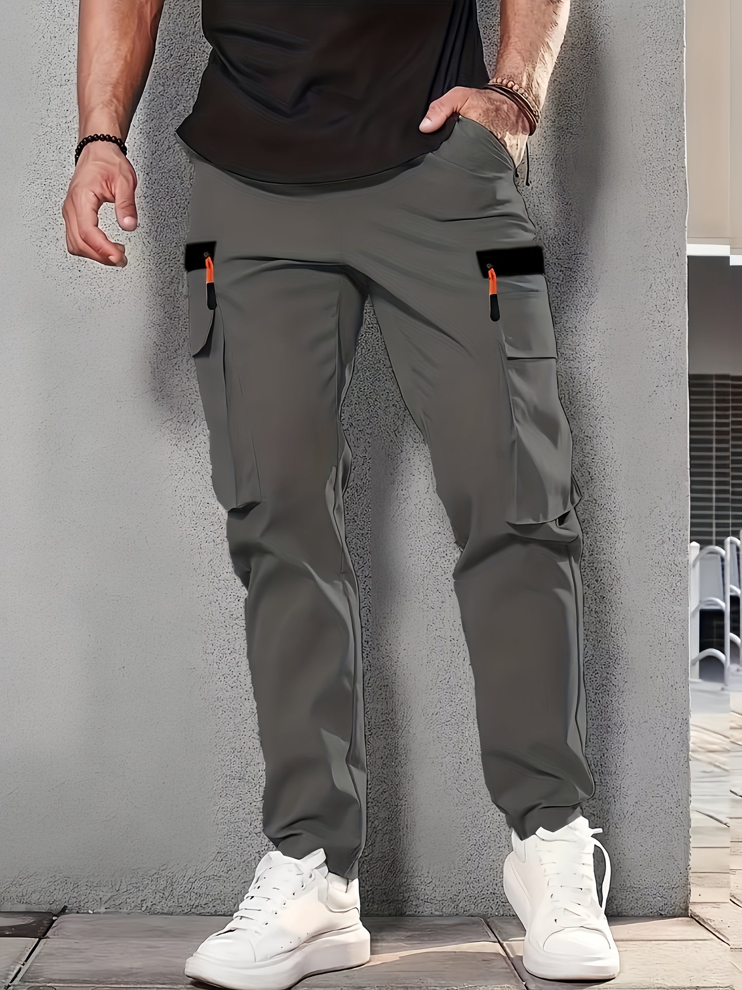 Men's Cuffed Cargo Pants With Flap Pockets In Solid Color, Breathable Comfy Pants For Outdoor Activity