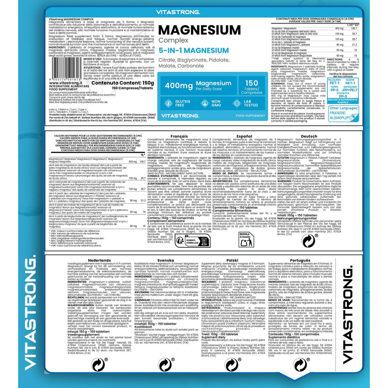 Magnesium Complete 400 Mg Per Serving, 5 Sources of Magnesium Bisglycinate, Citrate, Malate, Pidolate, Carbonate, Gluten-Free And Non-Gmo Magnesium Supplement Tablets, Premium Quality Vitastrong