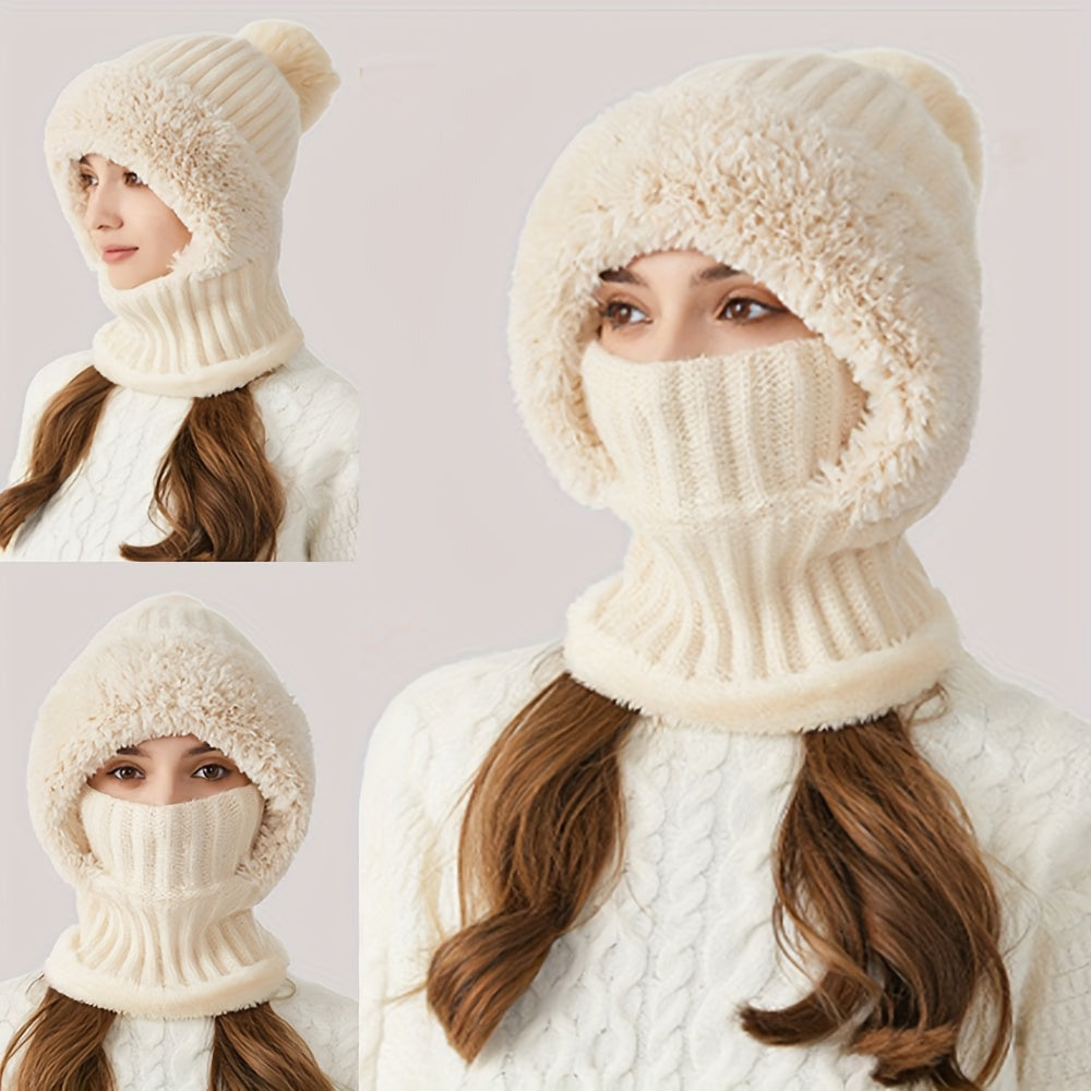 1pc Winter Warmth Acrylic Fleece-Lined Knit Beanie with Ear Flaps, Windproof Neck Gaiter Hood for Outdoor Cycling, Stretchable New Year'S Gift Hat, 100% Acrylic Woven Craftsmanship