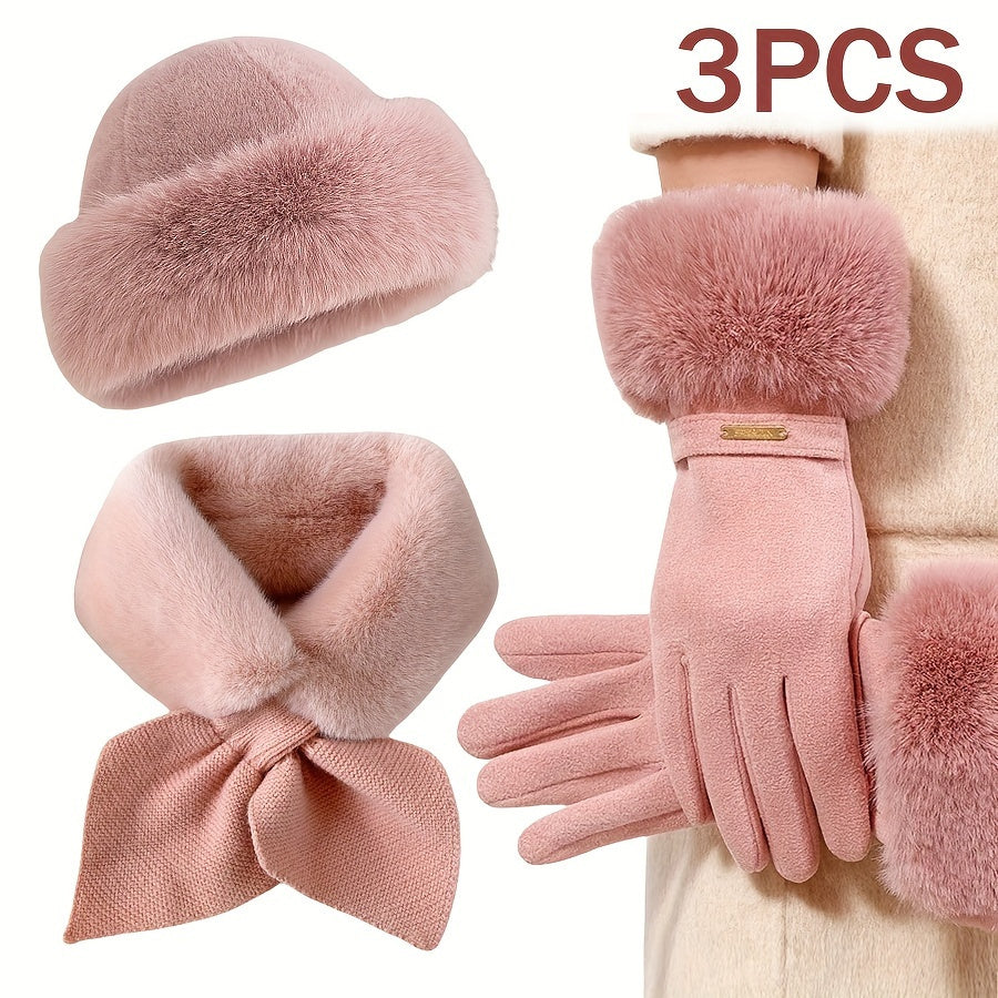 Winter Warmth Set for Women - 3pcs Fashionable Gloves, Scarf, and Hat Combo, Thick Fleece Lining, Perfect for Cold Weather & Outdoor Activities, Ideal Christmas or Valentine's Gift