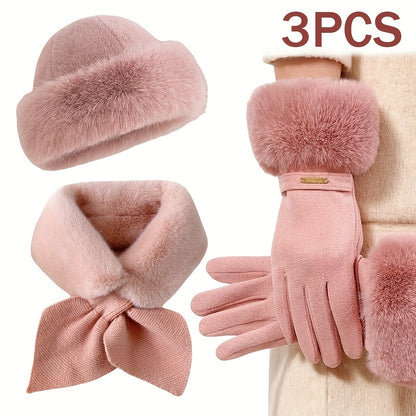 Winter Warmth Set for Women - 3pcs Fashionable Gloves, Scarf, and Hat Combo, Thick Fleece Lining, Perfect for Cold Weather & Outdoor Activities, Ideal Christmas or Valentine's Gift