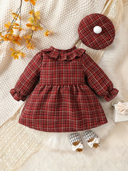 Baby's Elegant Bowknot Decor Ruffled Tweed Long Sleeve Dress, Infant & Toddler Girl's Dress For Daily Wear/Holiday/Party, As Gift