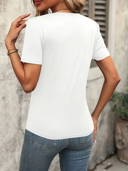 Women's Casual V-Neck Short Sleeve T-Shirt - White with Red Heart & Berry Print, Soft 100% Polyester, Machine Washable, Regular Fit for Spring Summer Fall Casual Attire, Comfortable Fit Tee, Versatile Top, Feminine Style, Lig