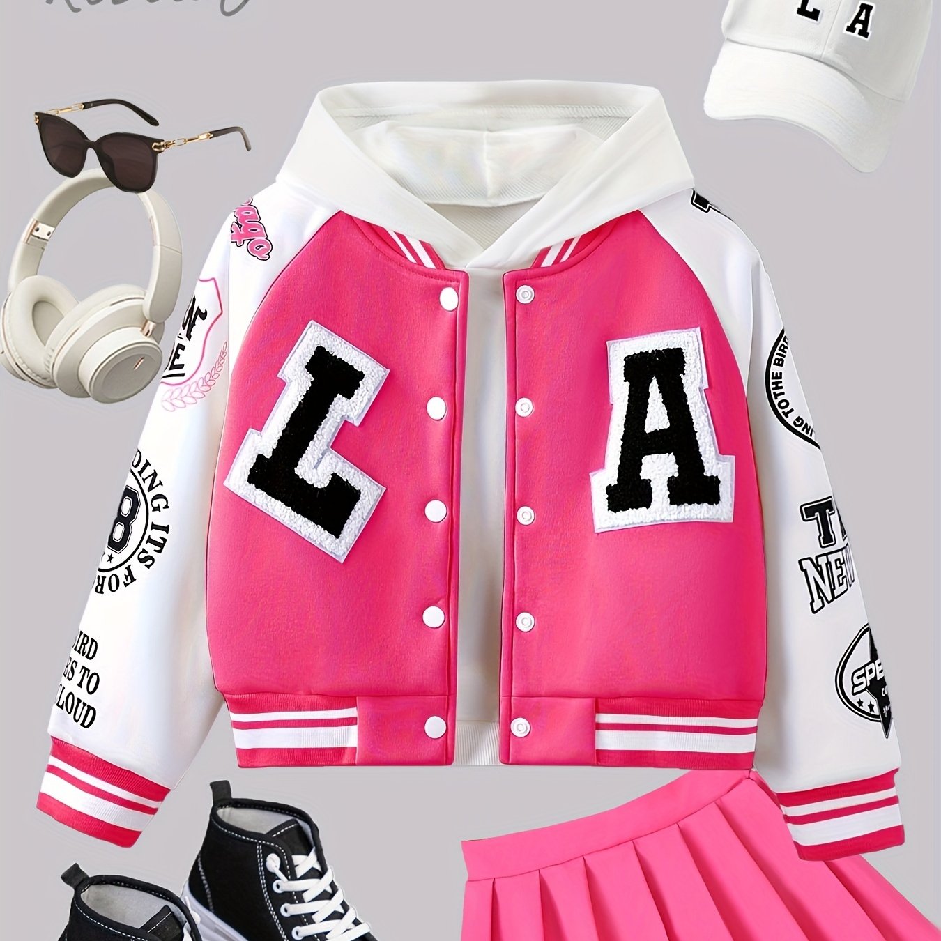 Alphabet LA Pattern Girl's Varsity Jacket, Raglan Color Block Thermal Lined Preppy Jacket Spring/ Fall Outerwear