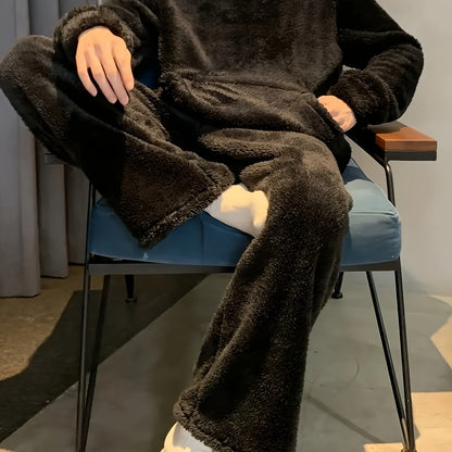1set Men'S Casual Fleece Pajama Set - Cozy Flannel Loungewear with Hooded Long Sleeve Top and Loose Pants, Solid Color, Polyester, Knitted Fabric, with Pockets, Regular Fit for Autumn/Winter