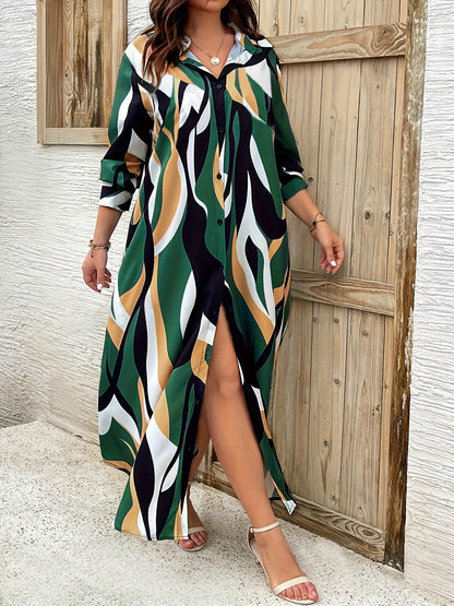 Plus Size Allover Print Shirt Dress, Button Front Long Sleeve Casual Dress For Spring, Women's Plus Size Clothing