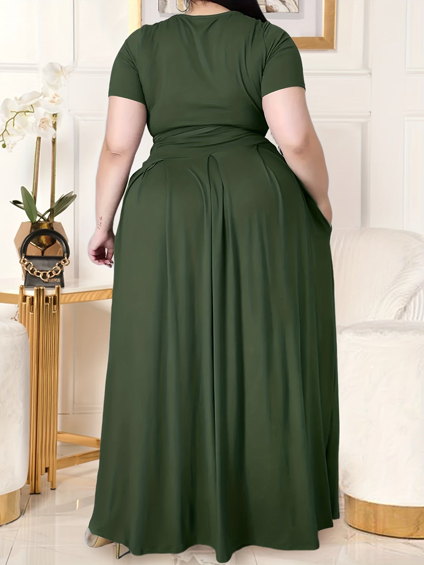 Plus Size Women's Solid Color Cross Tie Maxi Skirt Set, Casual Polyester Knit Dress with Short Sleeves, Round Neck, Pullover, Elastic Fabric, Fashionable Two-Piece Outfit