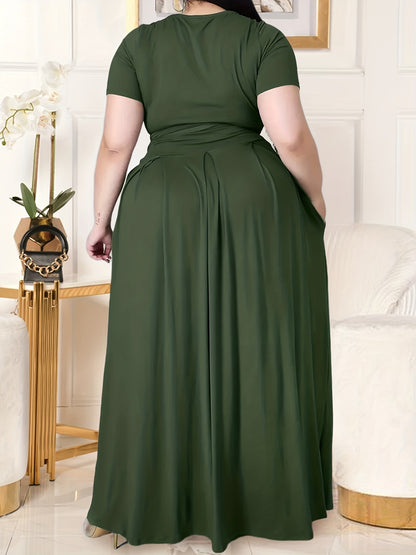 Plus Size Women's Solid Color Cross Tie Maxi Skirt Set, Casual Polyester Knit Dress with Short Sleeves, Round Neck, Pullover, Elastic Fabric, Fashionable Two-Piece Outfit