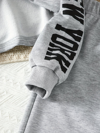 Girls' 3pcs Fashion Outfit, Short Hoodie and Tank Top with Athletic Pants Set, New York Print Casual Long Sleeve Top, Kids Spring/Summer/Autumn/Winter Clothing, Knitted Fabric, Stretchy, Letter Pattern, Regular Fit, Polyester