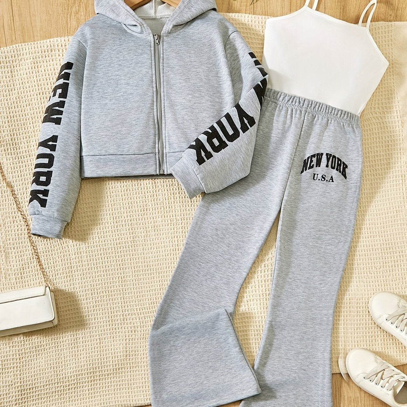 3-Piece Outdoor Sporty Girl's Long Sleeve Zip-up Hoodie + Flared Trousers With Camisole Set - Versatile Comfy For Spring/ Fall Casual Wear, Gift Idea