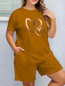 2pcs Women'S Plus Size Casual Outfit - Heart Print Short Sleeve T-Shirt & Pocketed Shorts, Stretchy Waistband, Crew Neck, Soft Fabric, Perfect for Spring/Summer