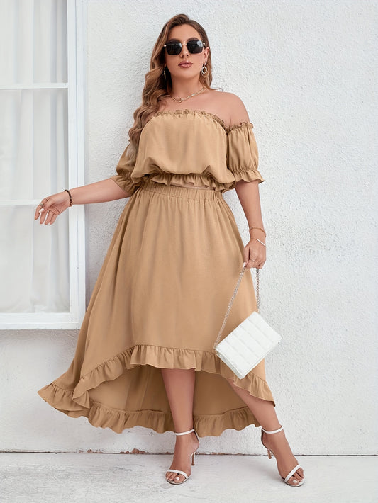 Plus Size Lettuce Trim Two-piece Skirt Set, Off Shoulder Short Sleeve Top & Elastic Waist Skirts Outfits, Women's Plus Size Clothing