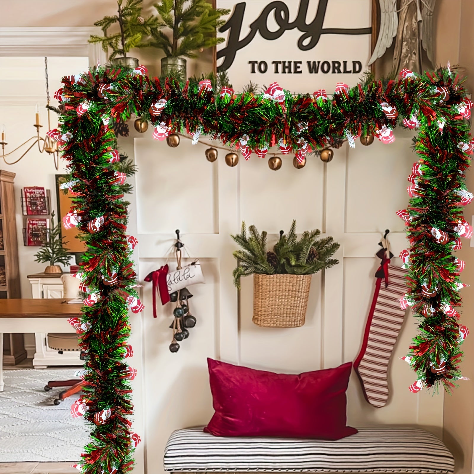 4.98meter Red & Green Metallic Twist Tinsel Garland with Shiny Ornaments, Plastic Christmas Tree & Party Supplies, Indoor & Outdoor Festive Decor, No Power Required