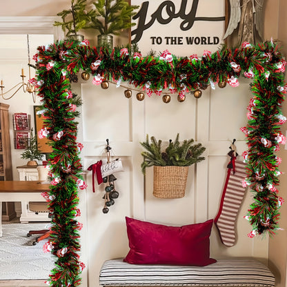 4.98meter Red & Green Metallic Twist Tinsel Garland with Shiny Ornaments, Plastic Christmas Tree & Party Supplies, Indoor & Outdoor Festive Decor, No Power Required