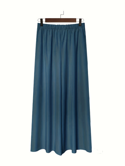 Plus Size - 2pcs Plus Size Wide-Leg Culottes - Casual High-Waist Pants with Elastic Waistband, Non-Stretch Fabric, Solid Color, Relaxed Fit for Spring/Summer/Fall, Casual Attire|Elastic Waistband Pants|Nonstretch Fabric