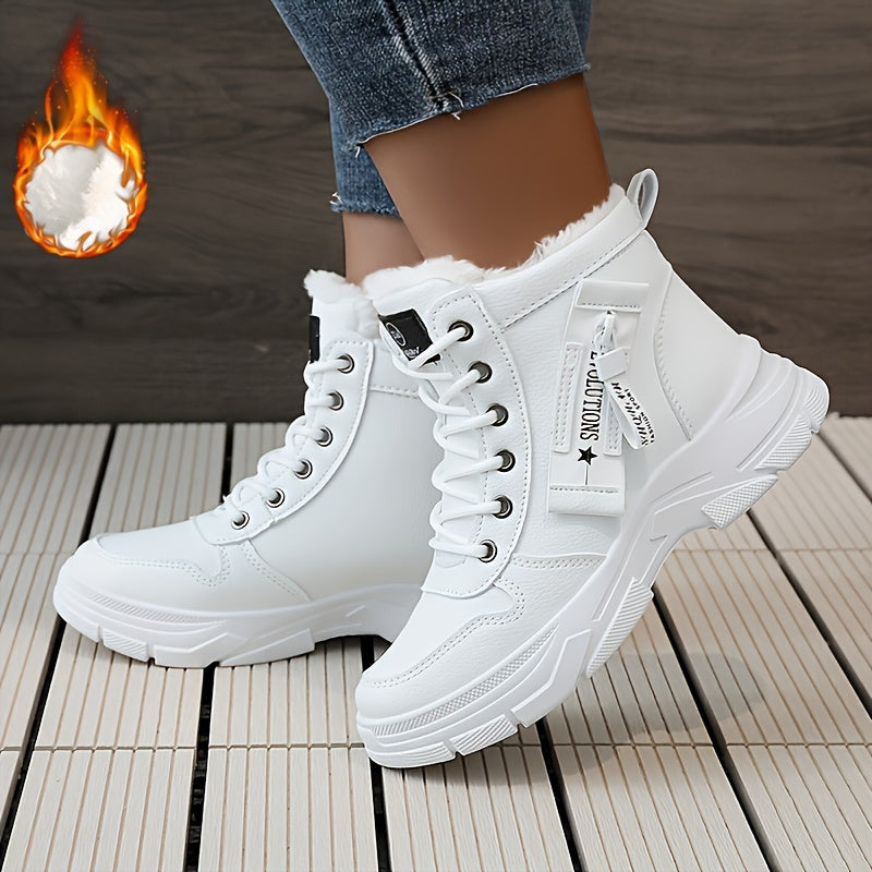 Women's Side Zipper Winter Thermal Snow Boots With Fleece Lining, Height Increased Thick-soled Platform Comfortable Lace-up Mid-tube Boots