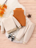 3-Piece Baby Boy Set, Autumn/Winter Casual Embroidered Bear Vest, Round Neck Long Sleeve Sweatshirt, Pants - Polyester Knit, Cute Animal Pattern, Regular Fit, Sleeveless Vest, No Belt, Toddler Clothing, For Outdoor
