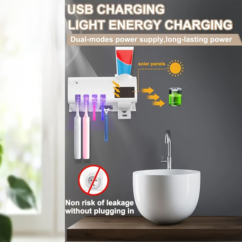 1pc Smart UV Disinfecting Toothbrush Holder with Solar Panel, Wall-Mounted 4-Slot Toothbrush Sanitizer and Squeegee Toothpaste Dispenser, Automatic Power-Off, Bathroom Accessory, No-Drill Installation, USB Rechargeable Lithiu