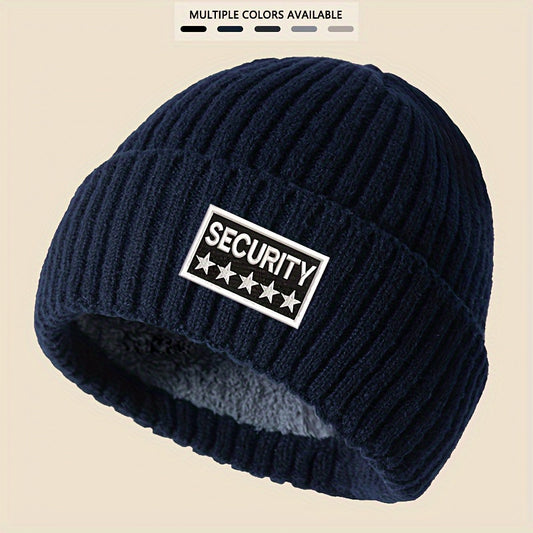 Unisex Security Embroidered Knit Beanie Hat - Acrylic Soft Warm Ribbed Winter Skull Cap with Fleece Lining for Men & Women