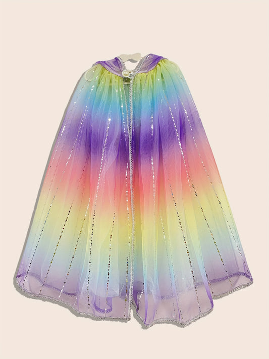 Festive Party Cape for Kids 3-8 Years - Colorful Tulle with Silver Stripes, Polyester and Spandex Blend, Loose Fit, All-Season Knit Fabric, Fun Character Costume with Button Detail