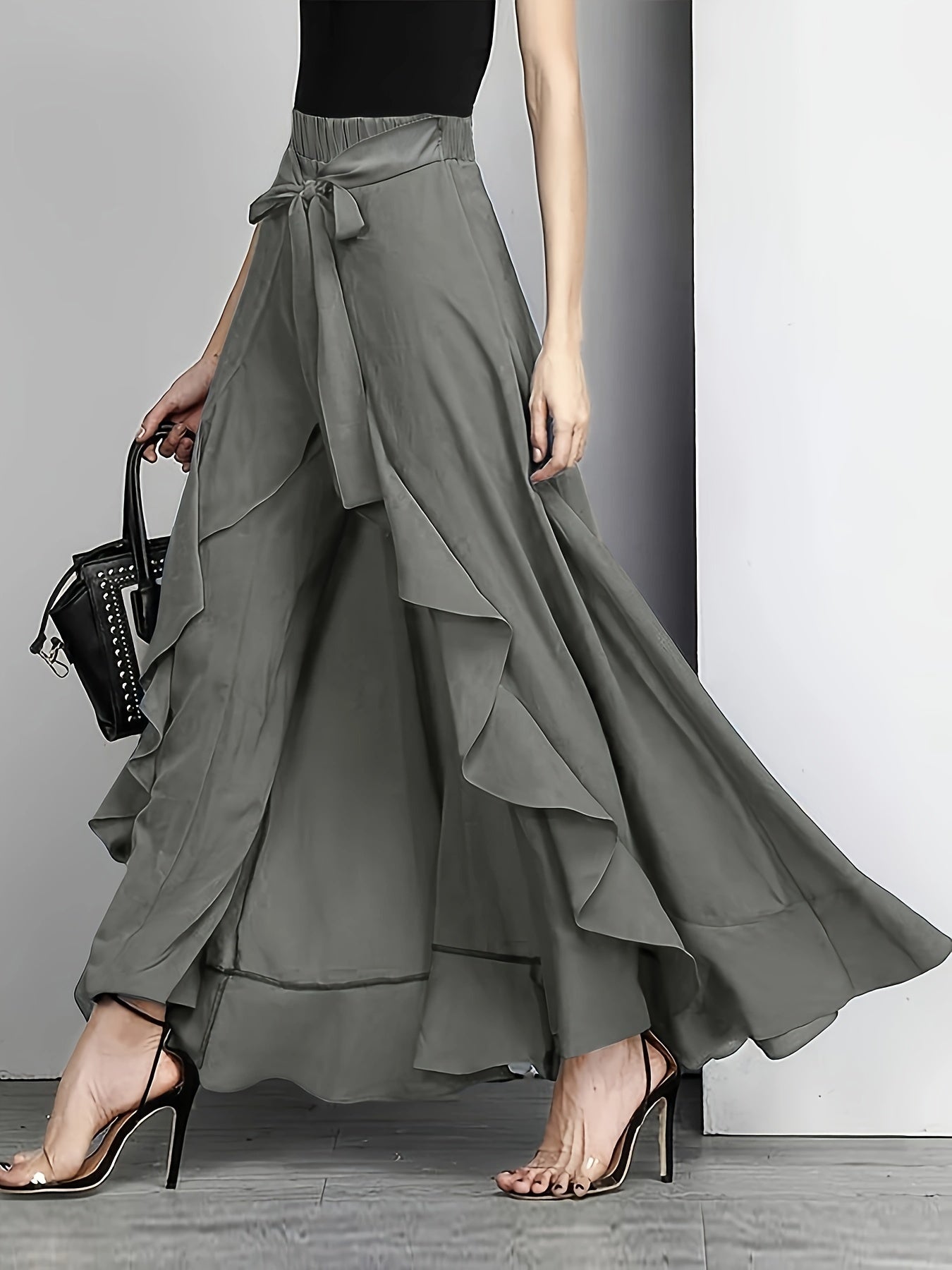 Plus Size Bow Tie Front Pants, Elegant Solid Asymmetrical Wide Leg Skirted Pants, Women's Plus Size Clothing