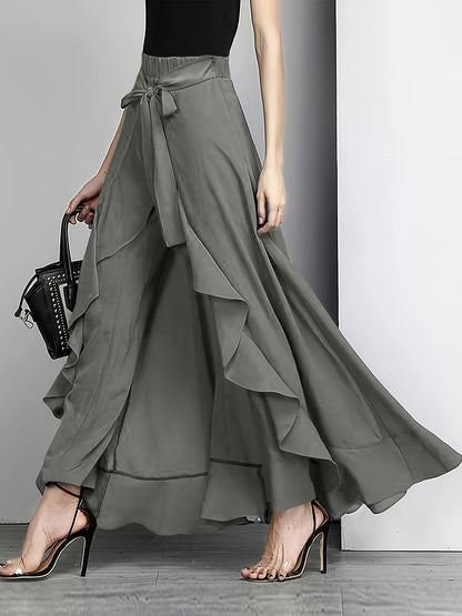 Plus Size Bow Tie Front Pants, Elegant Solid Asymmetrical Wide Leg Skirted Pants, Women's Plus Size Clothing