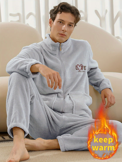 Conjunto de pijama de hombre con camiseta y pantalón de franela con bordado de letras, cuello alto, cremallera y manga larga para otoño e invierno.