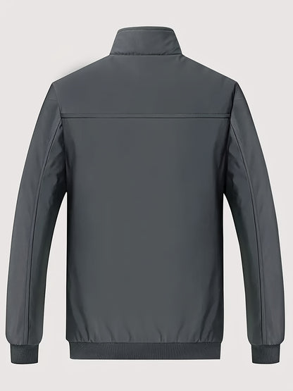 Men's Solid Color Stand Collar Fleece Lining Jacket, Warm Long Sleeve Zipper Coat, Comfy Trendy Cold-proof Cardigan For Fall And Winter As Gift
