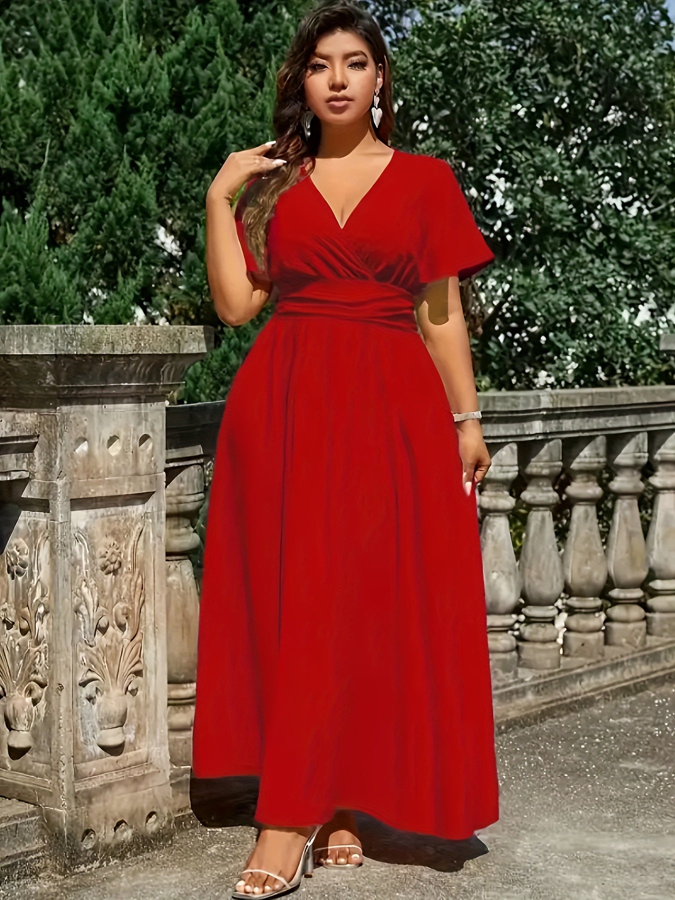 Elegant V-Neck Dress in Solid Color, Polyester, Machine Washable - All Seasons, Middle East Special Project Style, ALL/Global/All