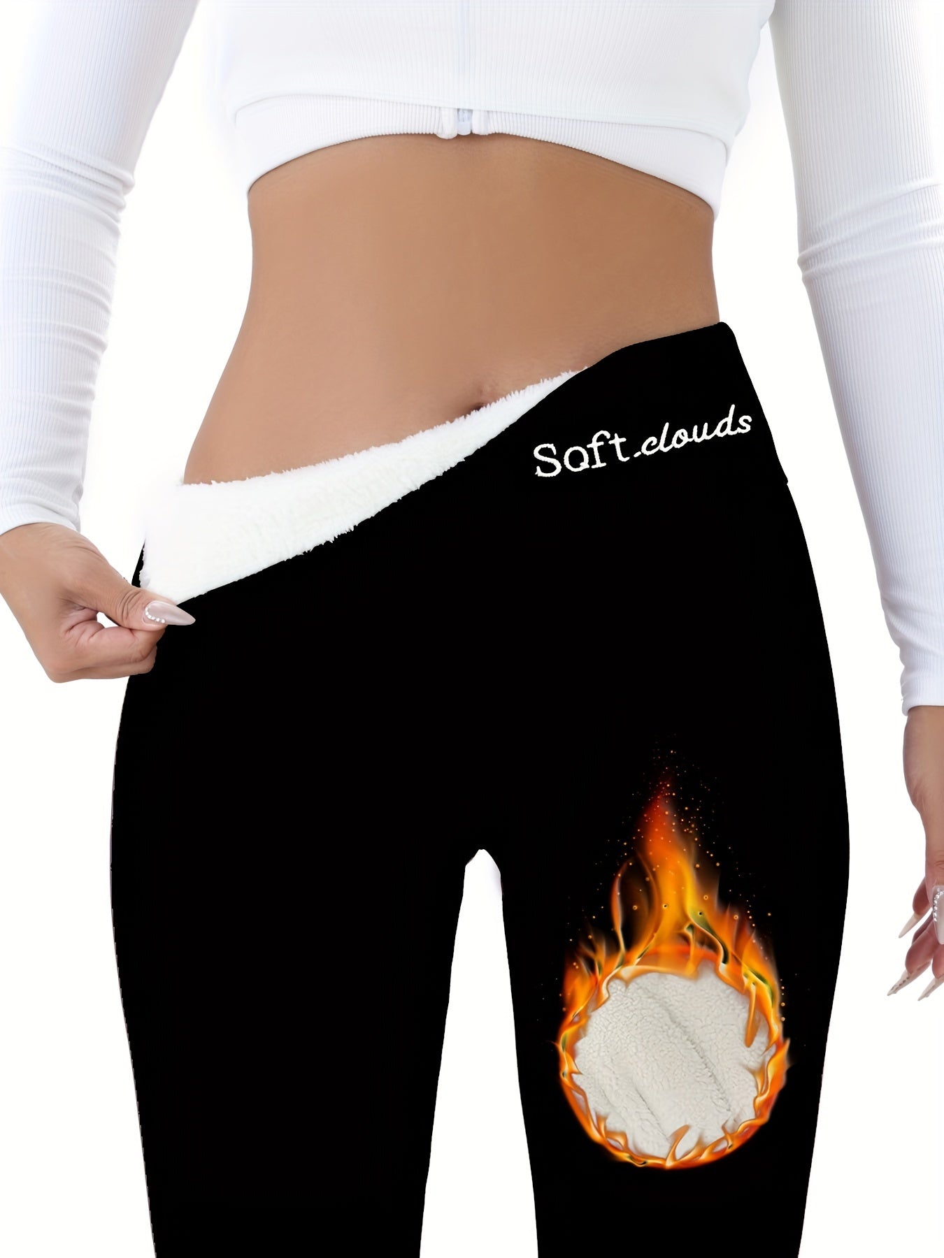 Women's Elegant Embroidered Fleece-Lined Leggings - Soft, Stretchy, Warm Fall & Winter Black Pants with Flame Detail, Plus Size Pants