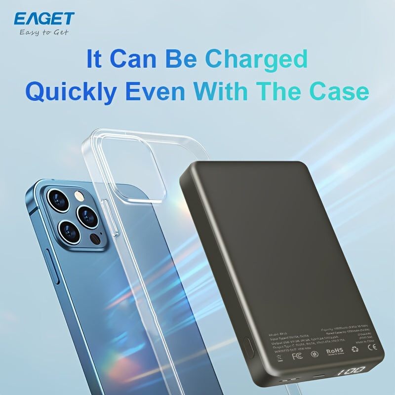 EAGET Magnetic Portable Charger, 10000mAh 22.5W PD Fast Charging, USB-C Power Bank Compatible With IPhone 15/14/13/12 Pro/Mini/Pro Max, For AirPods (Black)