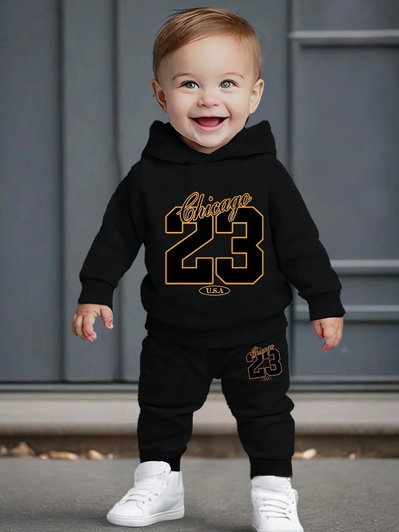 Baby Boy's Autumn And Winter Chicago 23 Print Hooded Sweatshirt + Pants Outdoor Set, 2pcs Comfy Trendy Outfits For For Outdoor Play And Daily Life