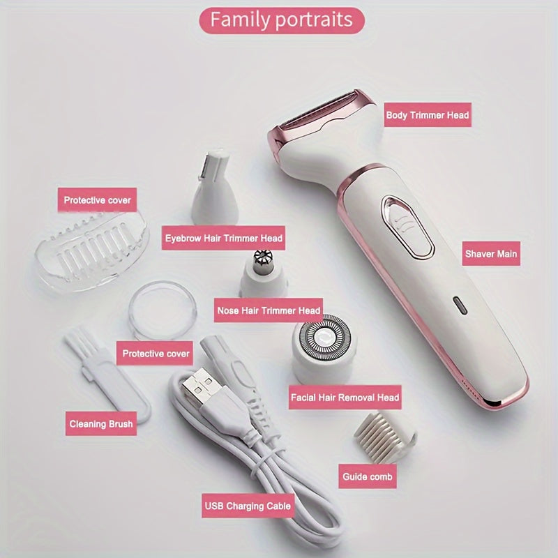 4 In 1 Women's Electric Hair Remover/Women's Multi-Function Electric Hair Remover Set/Women's Bikini Trimmer/USB Rechargeable/Hair Remover for Pubic Hair, Eyebrows, Nose, Face, Legs, / Portable, Gentle, Women's Gift, Mother's