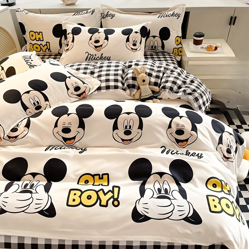 4pcs/set Mickey Mouse Cartoon Bedding Set Including 2 Pillowcases, 1 Duvet Cover, 1 Sheet, Kawaii Comfortable Durable Bedding for Bedroom & Dorm, Room Decor, House Supplies, Birthday Valentine Halloween Christmas Thanksgiving