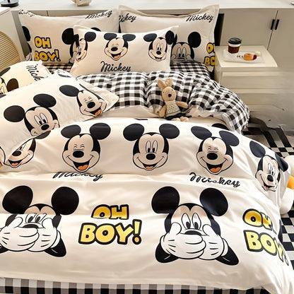 4pcs/set Mickey Mouse Cartoon Bedding Set Including 2 Pillowcases, 1 Duvet Cover, 1 Sheet, Kawaii Comfortable Durable Bedding for Bedroom & Dorm, Room Decor, House Supplies, Birthday Valentine Halloween Christmas Thanksgiving