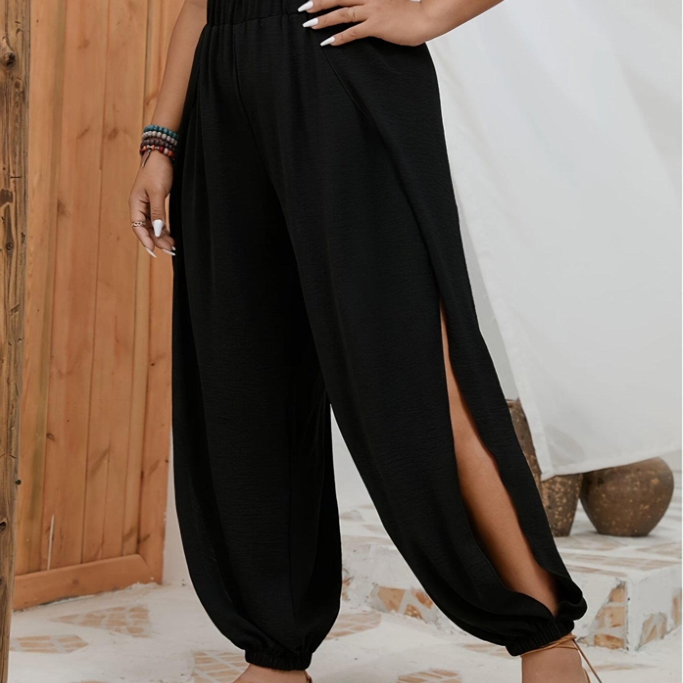 Women's Open Side Slit Athletic Pants - Casual Solid Color Non-Stretch Machine Washable Yoga Lounge Pants with Breathable Design for All Seasons, Everyday Comfort | Stylish Side Slit | Nonstretch Fabric