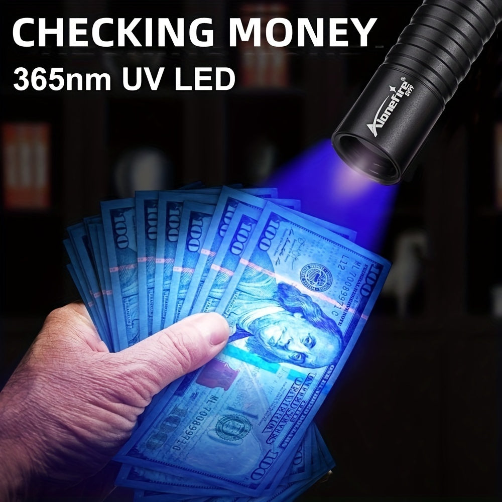 Mini linterna LED UV AloneFire: luz negra dual de 365 nm/395 nm, recargable por USB, linterna de bolsillo de alto brillo para tinta invisible, esmalte de uñas, manchas de mascotas y más.