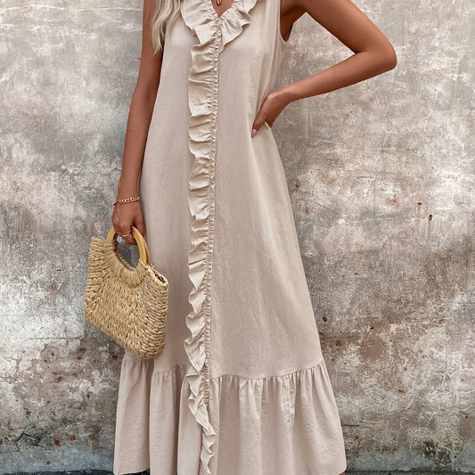 Elegant Beige V-Neck Sleeveless Dress with Ruffle Detail - Casual Polyester, A-Line Flare, Machine Washable for Spring/Summer