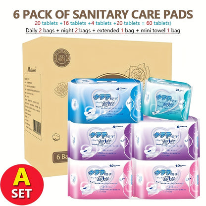 6-Pack Women's Hygiene Sanitary Pads Bundle, Soft Ultra Thin Winged Napkins, Overnight Absorbency, Unscented Menstrual Pads Combo Set, Multi Size, Travel-Friendly - 60/56 Count