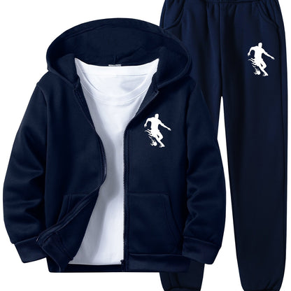Kids' Soccer Player Print Hooded Tracksuit Set - Polyester Hoodie and Sweatpants with Zipper, Long Sleeve, Casual Geometric Pattern, Slight Stretch Fabric for Daily Wear and Jogging, Fall/Winter Collection for Boys and Girls,