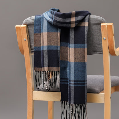 1pc Elegant Plaid Scarf for Men and Women - 100% Polyester, Knitted & Woven, Weekend Casual Style, Warm & Decorative, Inelastic with Fringe Detail, Hand Wash Only