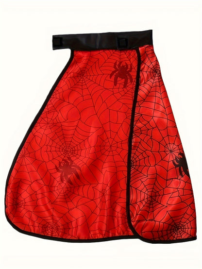 Boys Spider Web Cape With Halloween Mask And Wrist Cuffs, Vibrant Hero Character Outfit Set, Perfect For Party Enthusiast, Party Style