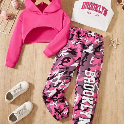 Girls' 3pcs Trendy Outfit Set: Hooded Crop Top, Letter Print Vest & Camo Joggers - Machine Washable Polyester Blend for Fall/Winter, Perfect for Outdoor