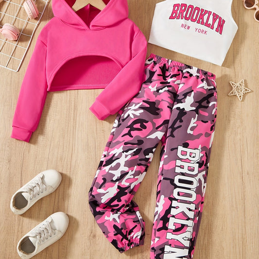 Girls' 3pcs Trendy Outfit Set: Hooded Crop Top, Letter Print Vest & Camo Joggers - Machine Washable Polyester Blend for Fall/Winter, Perfect for Outdoor