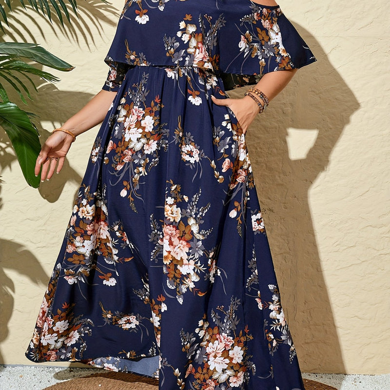 Plus Size Bohemian Off-Shoulder Boat Neck Dress - Floral Print Long Sleeveless Maxi Dress with Pockets, X-Line Silhouette for Women, Spring/Summer Casual Vacation & Beach Outfits, Beach Dresses, Summer Outfit, Durable Constru