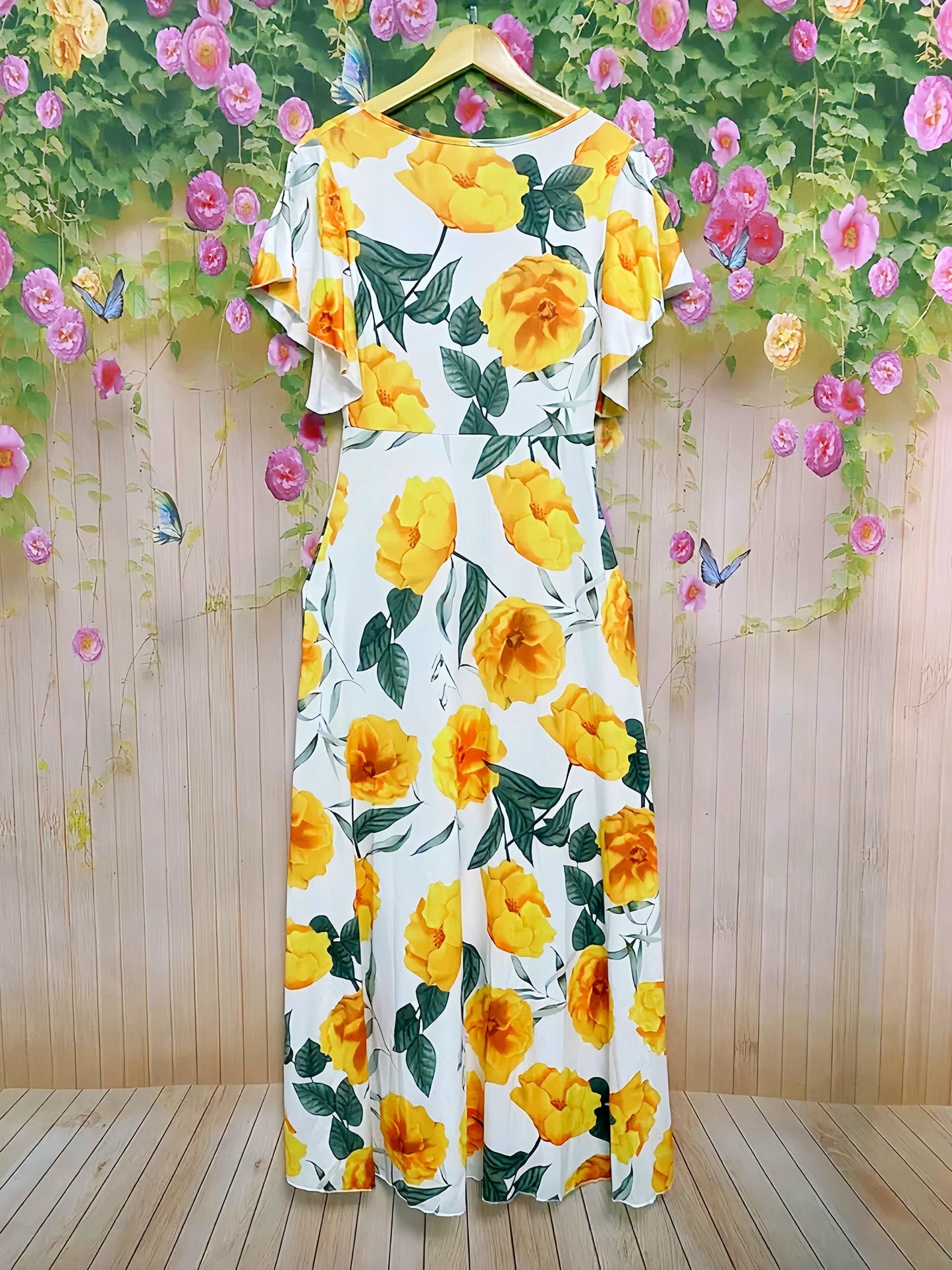 Floral Print Plunge Neck A-line Dress, Elegant Vacation Flutter Sleeve Maxi Length Dress For Spring & Summer, Women's Clothing