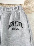 Girls' 3pcs Fashion Outfit, Short Hoodie and Tank Top with Athletic Pants Set, New York Print Casual Long Sleeve Top, Kids Spring/Summer/Autumn/Winter Clothing, Knitted Fabric, Stretchy, Letter Pattern, Regular Fit, Polyester