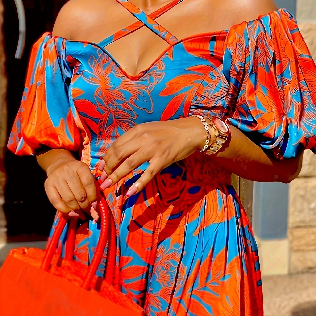Vestido con cuello cruzado y estampado tropical de talla grande, estilo vacacional, con mangas abullonadas y dobladillo dividido, para primavera y verano, ropa de talla grande para mujer.